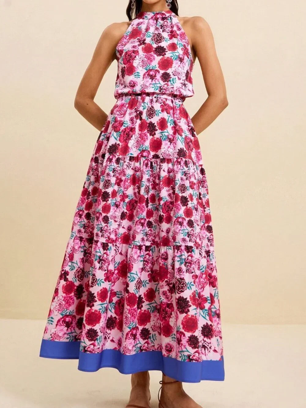 Multicolor Boho Women's Sleeveless Ditsy Floral Waist Cinched Dress
